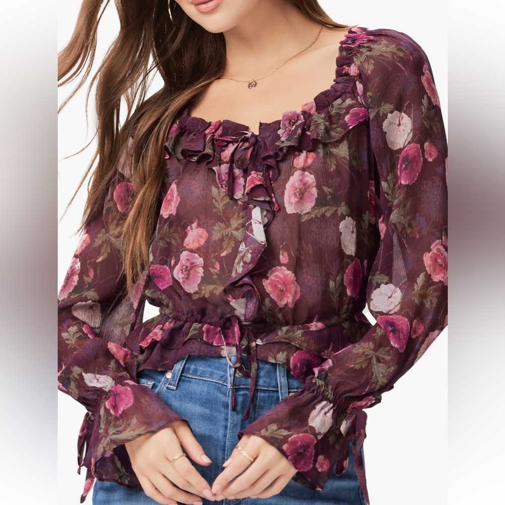 *EUC*LIKE NEW*Sz XL* PAIGE* Lanea Floral Ruffle Peplum Silk Top - Picture 3 of 12